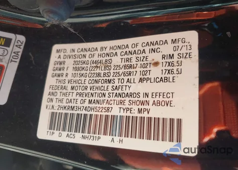 2013 Honda Cr-V Ex-L from USA, damaged, VIN 2HKRM3H74DH522587